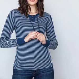 Kimes Ranch Lace-Up Blue Indigo Striped Long Sleeve Amador Henley Top